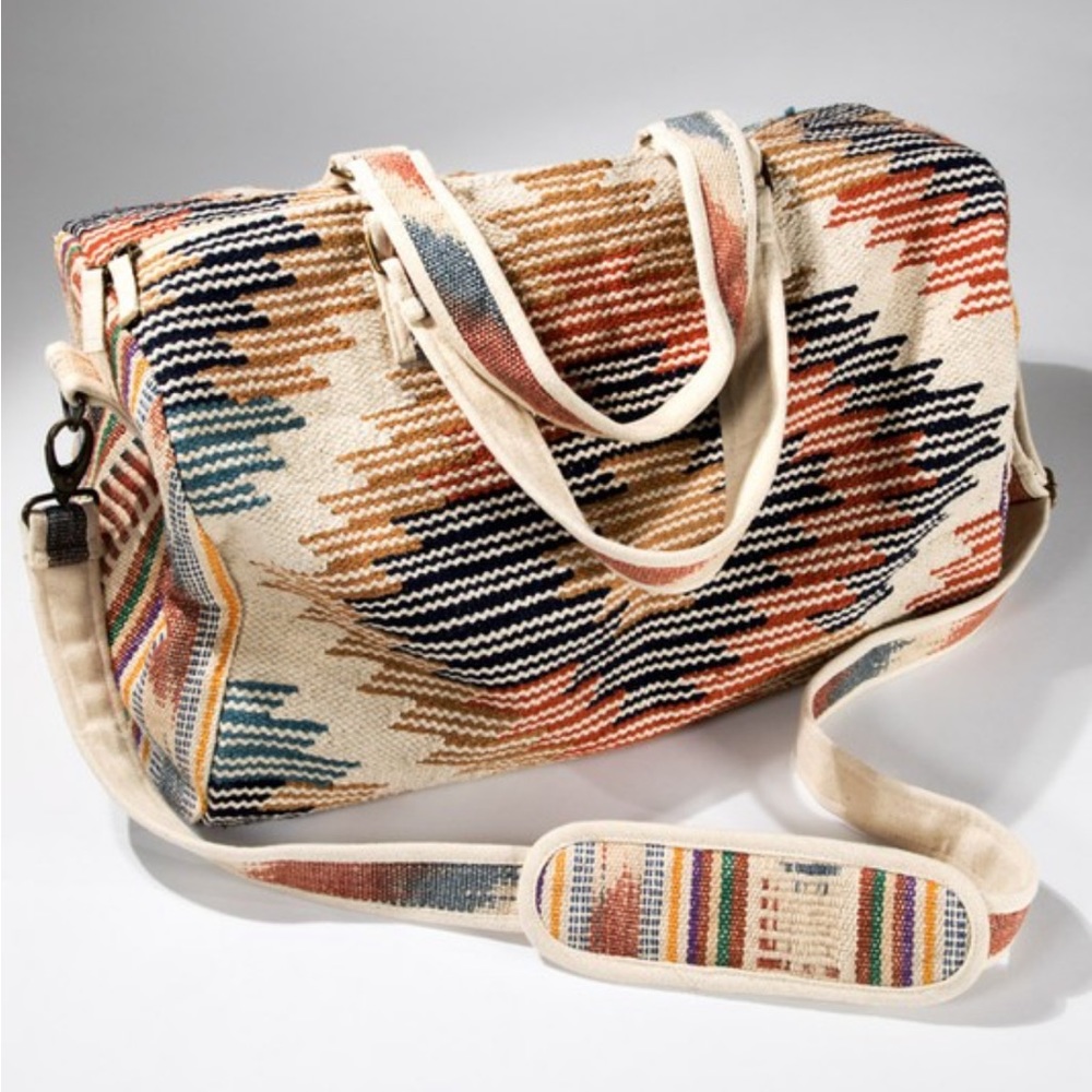 90. LAST 1! Blue Vacation Bag Woven Boho Bohemian Aztec Duffle Travel Weekender - Picture 6 of 7